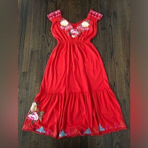 Johnny Was Women’s S Red Floral V-Neck Embroidered Midi Fit & Flare Dress